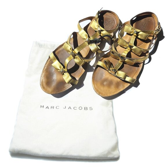 Marc Jacobs Gold Bow Studs Leather Buckle Flats Gladiator Wedding Sandals 39 8.5 - Picture 3 of 12